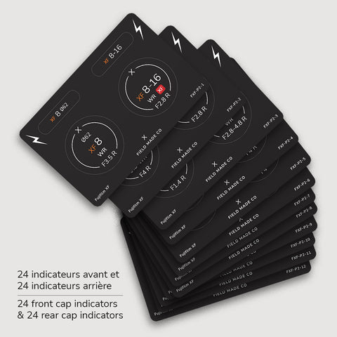 Field Made Co lens indicator pack labels for Fujifilm XF lenses