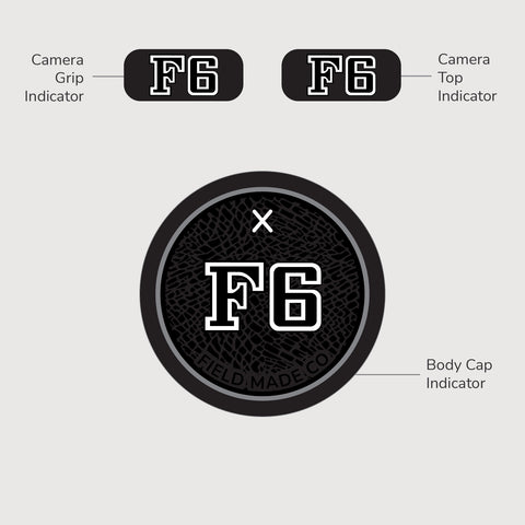 Nikon F6 film camera indicator label for standard black caps by Field Made Co