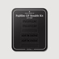 Kit discret pour Fujifilm GFX 50R : vinyles Logo discret et Noir mat pour les logos Fujifilm et GFX 50R sur la feuille de support Field Made Co