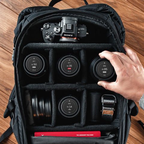 Viltrox Camera lens cap and Sony camera in a camera bag featuring Field Made Co lens indicator sticker labels.