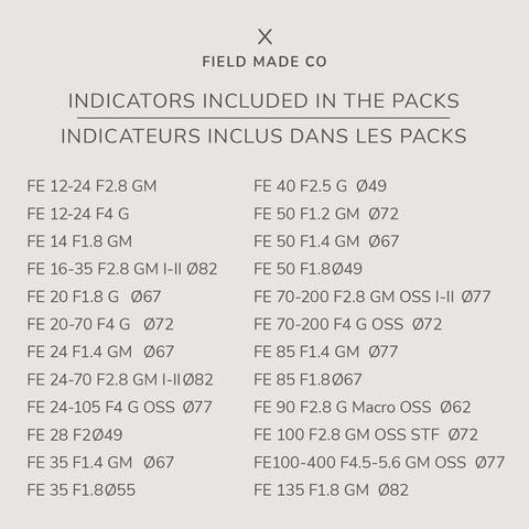 Packs d'indicateurs autocollants en vinyle pour capuchons avant et arrière d'objectifs Sony FE
