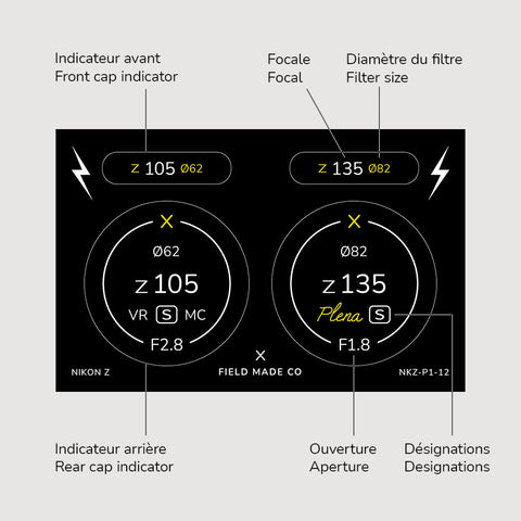 Pack d'indicateurs autocollants en vinyle pour capuchons d'objectifs Nikon Z