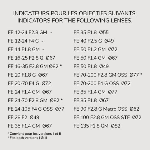 Pack d'indicateurs autocollants en vinyle pour capuchons d'objectifs Sony FE