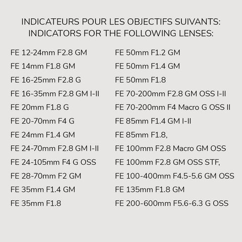 Pack d'indicateurs pour Sony FE